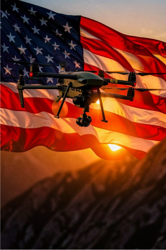 Military drone in flight against the American flag at sunset